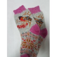 Шерстяные носки со снегирем на ветке розовые
